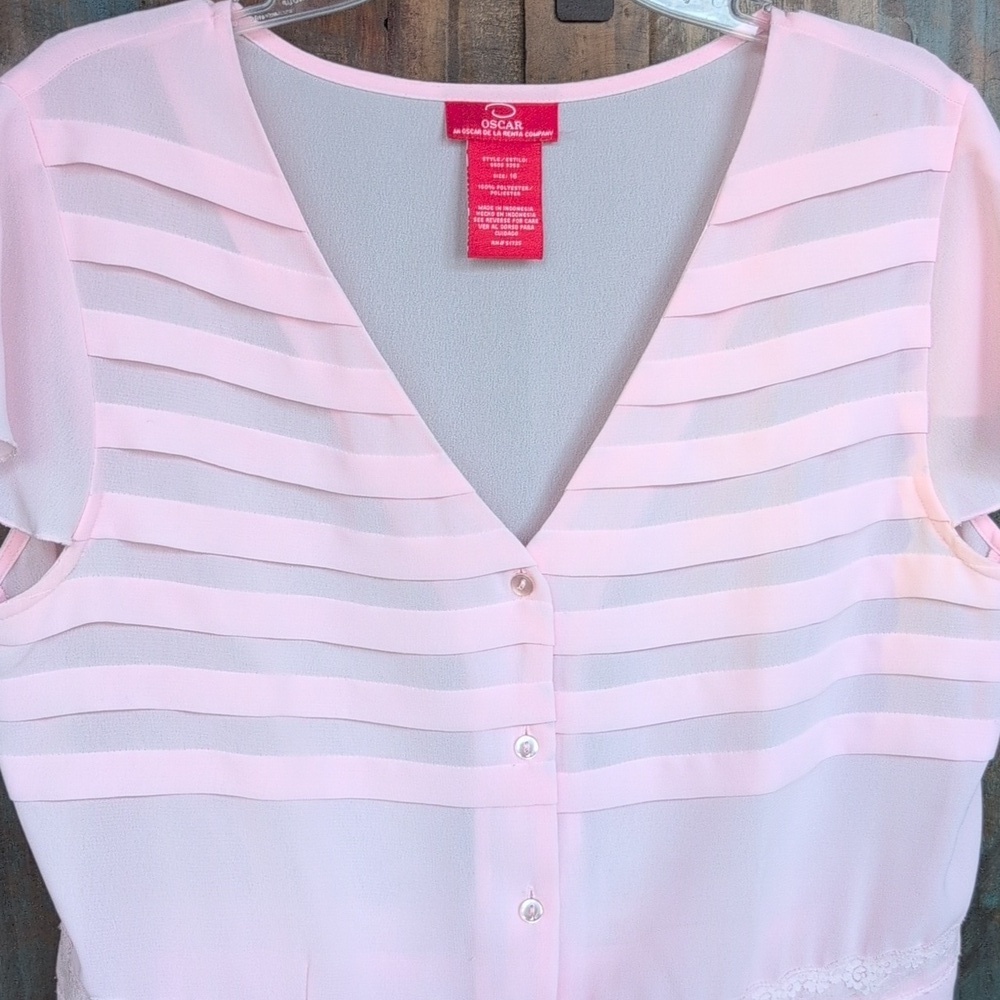 Oscar de la Renta Sheer Pink Ruffled Peplum Blouse Lace Trim - Women's 16 - Picture 2 of 5